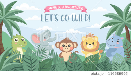 Jungle Adventure zoo. Childrens animals, safari background. Cute animals in the jungle. Illustration in flat style, invitation, postcard Jungle Adventure zoo. Childrens animals, safari background. Cute animals in the jungle. Illustration in flat style, invitation, postcard 116686995
