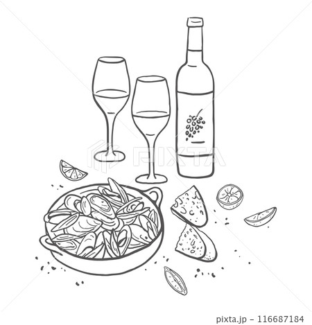 Hand drawn plate with mussels and wine 116687184