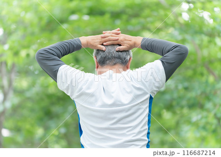 ストレッチするシニア男性 新緑 後ろ姿 ストレッチするシニア男性 新緑 後ろ姿 116687214