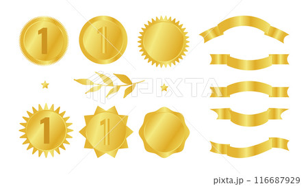 Award medal ribbon crown rank design elements. Set different golden shapes. For presentations of projects and website advertising. Vector illustration. 116687929