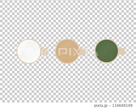 A set of hand-drawn watercolor style illustrations of milk, cafe au lait and matcha latte in cups seen from directly above 116688189