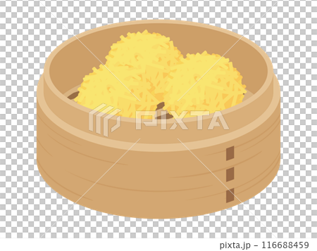Illustration of shredded shumai in a bamboo steamer. Shredded egg dim sum 116688459