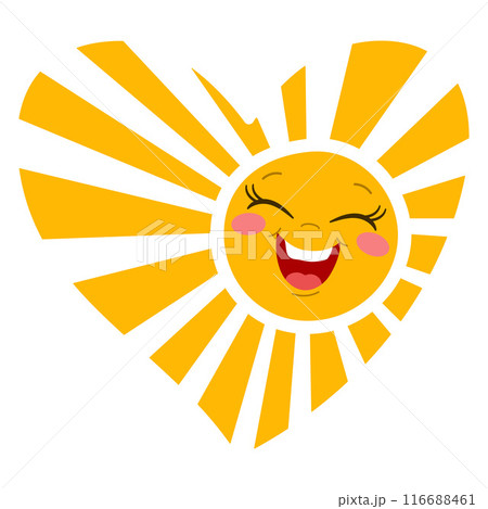 Smiling Sun in Heart Shape with Radiant Yellow Rays flat style. Smiling Sun in Heart Shape with Radiant Yellow Rays flat style. 116688461
