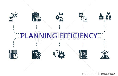 Planning Efficiency icon set. Monochrome simple Planning Efficiency icon collection. Anticipation, Agenda, Crisis Management, Appointment, Work-Life Balance, Time Log, Irritation List, Time Control 116688482