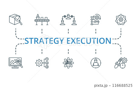 Strategy Execution thin line icon set. Monochrome simple Strategy Execution icon collection. Quality Control, Production Line, Delegating Tasks, Workflow Automation, Planning Process, Monitoring 116688525