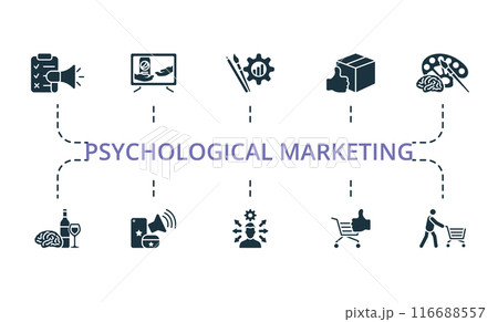 Psychological Marketing icon set. Monochrome simple Psychological Marketing icon collection. Sensory Marketing, Nlp, Cognitive, Reward Escalation, Anchoring, Habits Psychology, Audio Branding Psychological Marketing icon set. Monochrome simple Psychological Marketing icon collection. Sensory Marketing, Nlp, Cognitive, Reward Escalation, Anchoring, Habits Psychology, Audio Branding 116688557