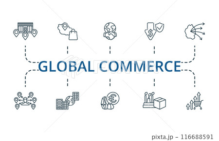 Global Commerce thin line icon set. Monochrome simple Global Commerce icon collection. Franchising, Free Trade Zone, Global Engagement, Cost Insurance, Direct Exporting, Distributor, Foreign Branch 116688591
