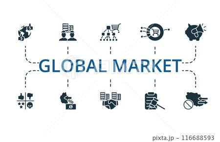 Global Market icon set. Monochrome simple Global Market icon collection. Distributor, Foreign Branch, Hard Currency, Industrial Goods, Market Potential, Swot Analysis, Protective Tariffs, Strategic 116688593