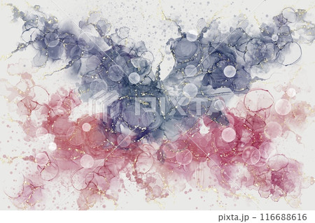 アルコールインクアートの抽象バナー。グレー背景に紺色とピンクの波と金色のグリッター 116688616