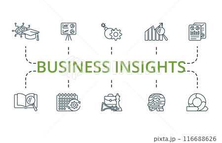 Business Insights thin line icon set. Monochrome simple Business Insights icon collection. Machine Learning, Data Visualization, Risk Management, Benchmarking, Reporting, Data Discovery, Event Business Insights thin line icon set. Monochrome simple Business Insights icon collection. Machine Learning, Data Visualization, Risk Management, Benchmarking, Reporting, Data Discovery, Event 116688626