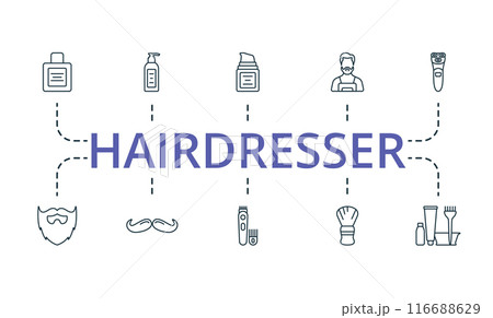 Hairdresser thin line icon set. Monochrome simple Hairdresser icon collection. Shaving Foam, Wax, Hair Gel, Hair Iron, Apron, Beard, Moustache, Trimmer, Shaving Brush, Hair Dye icons. 116688629