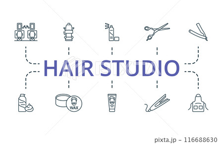 Hair Studio thin line icon set. Monochrome simple Hair Studio icon collection. Barber Shop, Barber Chair Spray, Scissors, Razor, Shaving Foam, Wax, Hair Gel, Hair Iron, Apron icons. 116688630