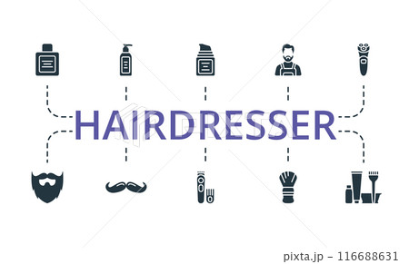 Hairdresser icon set. Monochrome simple Hairdresser icon collection. Shaving Foam, Wax, Hair Gel, Hair Iron, Apron, Beard, Moustache, Trimmer, Shaving Brush, Hair Dye icons. Hairdresser icon set. Monochrome simple Hairdresser icon collection. Shaving Foam, Wax, Hair Gel, Hair Iron, Apron, Beard, Moustache, Trimmer, Shaving Brush, Hair Dye icons. 116688631