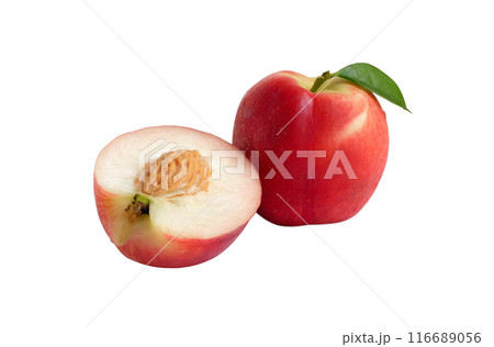 Peach fruit with green leaf on white background. Peach fruit with green leaf on white background. 116689056