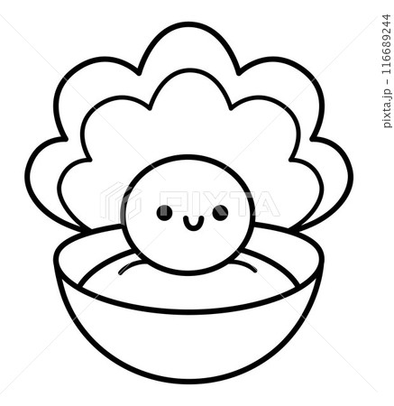 Vector black and white smiling pearl in shell isolated on white background. Beautiful kawaii sea jewelry icon. Precious stone line illustration or coloring page. Mermaid accessory picture Vector black and white smiling pearl in shell isolated on white background. Beautiful kawaii sea jewelry icon. Precious stone line illustration or coloring page. Mermaid accessory picture 116689244