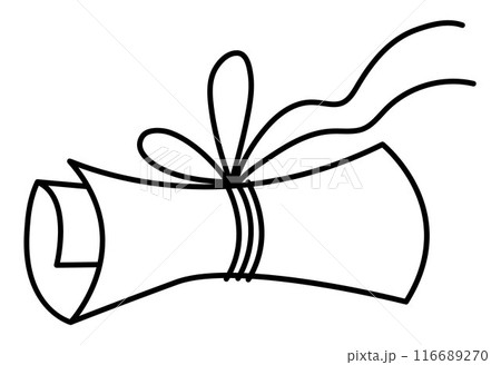 Vector black and white papyrus scroll tied with string. Ancient parchment paper roll with rope. Old cartoon pirate map icon. Egyptian manuscript line illustration or coloring page 116689270