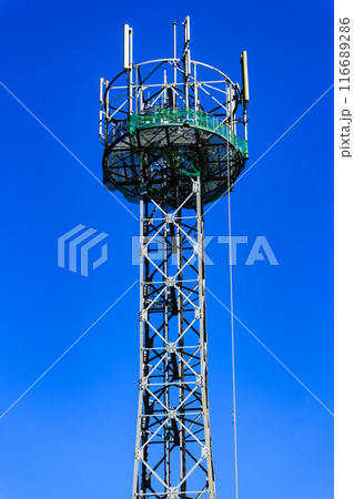 緑色のネットを付けている携帯電話基地局 116689286