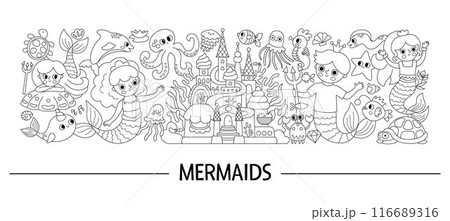 Vector black and white horizontal mermaids set. Underwater line kingdom card template, coloring page with ocean princess, prince. Marine fairytale characters for kids. Cute water border with sirens 116689316