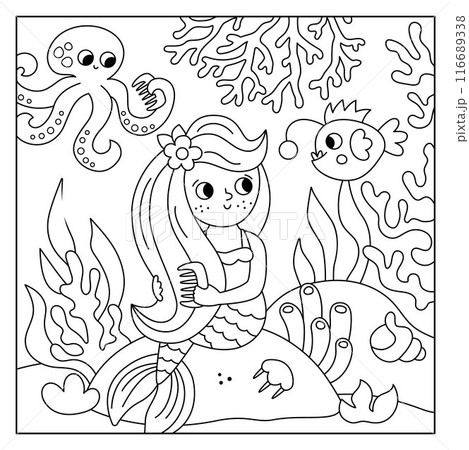 Vector black and white landscape illustration with mermaid sitting on the rock combing hair. Ocean or sea kingdom line scene with seaweeds, octopus, marine princess. Square fairytale coloring page Vector black and white landscape illustration with mermaid sitting on the rock combing hair. Ocean or sea kingdom line scene with seaweeds, octopus, marine princess. Square fairytale coloring page 116689338