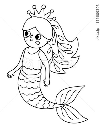 Fairy tale black and white vector mermaid. Fantasy fish girl isolated on white background. Fairytale sea princess. Treasure island, pirate, underwater adventure line icon. Cute girlish siren coloring 116689398