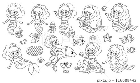 Vector black and white mermaids set. Underwater kingdom collection with ocean princess. Cartoon marine fairytale character for kids. Water adventures line clipart or coloring page with siren Vector black and white mermaids set. Underwater kingdom collection with ocean princess. Cartoon marine fairytale character for kids. Water adventures line clipart or coloring page with siren 116689442