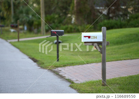 American mailbox at Florida home front yard on suburban street side 116689550