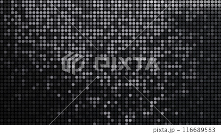 Wall with black and white polka dots. Stylish disco shiny silver paillette. Shiny iron pattern of round sequins. Round gray white scales.	 116689583