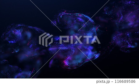 Abstract explosion of fluorescent liquid iridescent violet glowing energy magic blur effect in liquid water on a black background. 3d field fractal particles. Futuristic jellyfish colorful liquid neon Abstract explosion of fluorescent liquid iridescent violet glowing energy magic blur effect in liquid water on a black background. 3d field fractal particles. Futuristic jellyfish colorful liquid neon 116689586