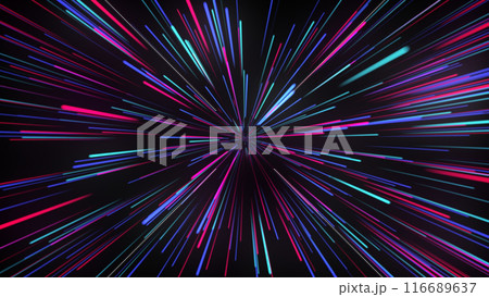 Multi-colored, rainbow splash of glowing synthetic lines. Abstract data flow tunnel radial lines explosion stars. Looped 3d futuristic background, hyperspace zoom. Neon.	 116689637