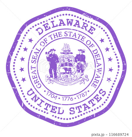 Delaware state stamp with seal, USA travel stamp, shabby postmark of Delaware, vector 116689724