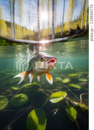 Fish above or under the water of a lake or river in a birch forest on a sunny day. Image on the horizon with water Fish above or under the water of a lake or river in a birch forest on a sunny day. Image on the horizon with water 116689778