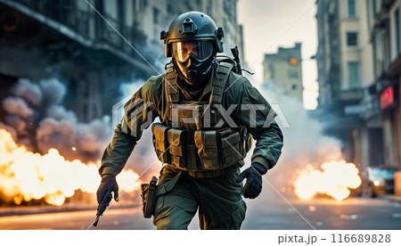 A soldier in army gear with a weapon runs through the streets of a big city with explosions, fire and smoke, where riots, rallies 116689828