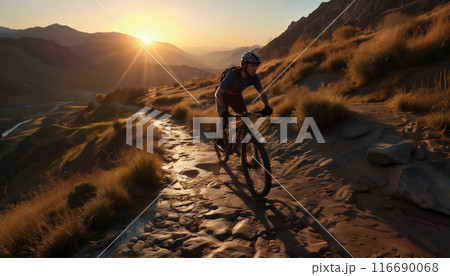 A cyclist rides a mountain bike through the valley against the background of the sunset and rocky mountains. Copy space 116690068