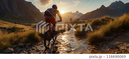 A cyclist rides a mountain bike through the valley against the background of the sunset and rocky mountains. Copy space 116690069