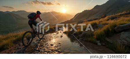 A cyclist rides a mountain bike through the valley against the background of the sunset and rocky mountains. Copy space 116690072