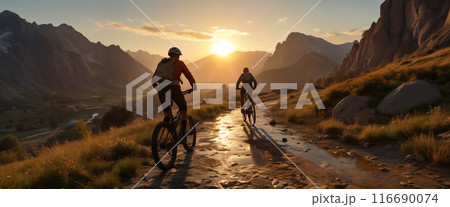 Two cyclists ride mountain bikes through the valley against the background of sunset and rocky mountains. 116690074