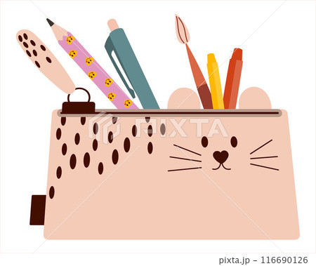 Cute school pencil case filled with stationery pencils, brushes. Illustration of school supplies. Suitable for stickers and poster design, banners. Cute school pencil case filled with stationery pencils, brushes. Illustration of school supplies. Suitable for stickers and poster design, banners. 116690126