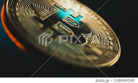 Slow motion of spinning golden bitcoin coin. P2P BTC trading Slow motion of spinning golden bitcoin coin. P2P BTC trading 116690588