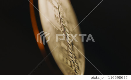 Close up of spinning golden bitcoin coin. BTC logo 116690655