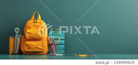 Yellow Backpack Against Teal Wall With Pencils and Plant 116690920