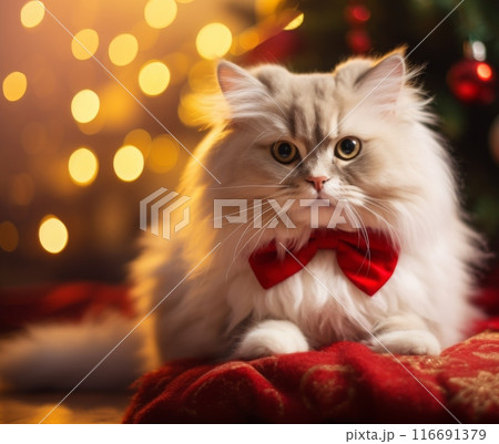 A cat wearing a red bow tie A cat wearing a red bow tie 116691379
