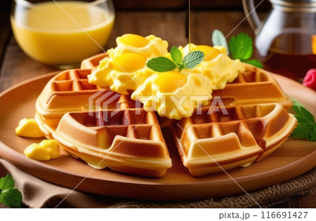 Delicious waffles with scrambled eggs and syrup on a wooden plate. Delicious waffles with scrambled eggs and syrup on a wooden plate. 116691427