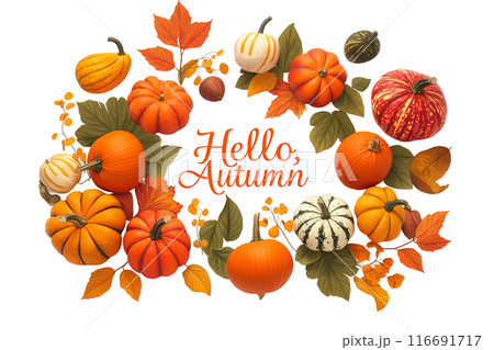 "Hello Autumn" text with pumpkins and leaves in festive arrangement 116691717