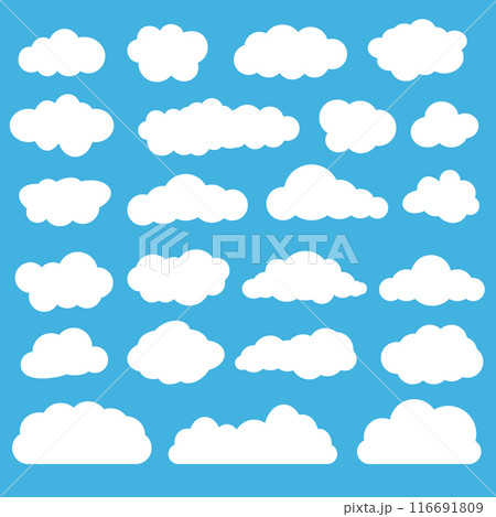 White different cartoon clouds on blue sky background flat design 116691809