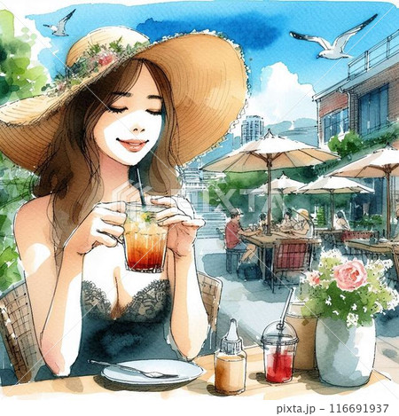 カフェでお茶を楽しむ女性③ カフェでお茶を楽しむ女性③ 116691937