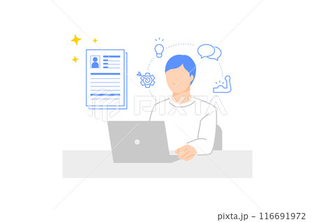 PCを使用してエントリーシートを作成する男性のイラスト PCを使用してエントリーシートを作成する男性のイラスト 116691972