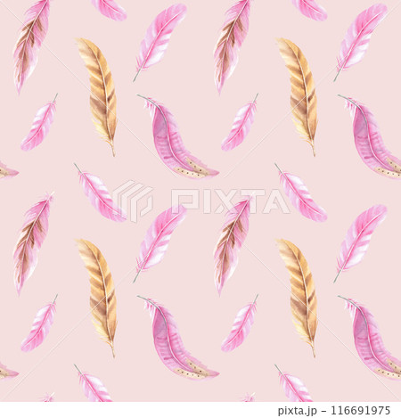 Pink and beige Feathers Watercolor seamless pattern on a pink background. Hand drawn illustration. Can be used for fabric, textile and packaging prints. Pink and beige Feathers Watercolor seamless pattern on a pink background. Hand drawn illustration. Can be used for fabric, textile and packaging prints. 116691975