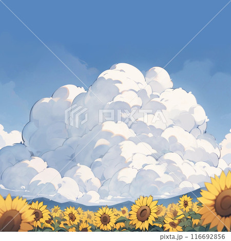 青空と大きな雲の下に広がるひまわり畑の背景。AI生成素材 青空と大きな雲の下に広がるひまわり畑の背景。AI生成素材 116692856