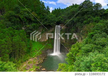 夏の青空を背景に壮観に映える五老ヶ滝（ごろうがたき）滝観光スポット高さ50メートルの滝　(山都町) 116693172
