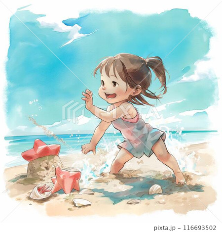 砂浜で遊ぶ女の子 116693502